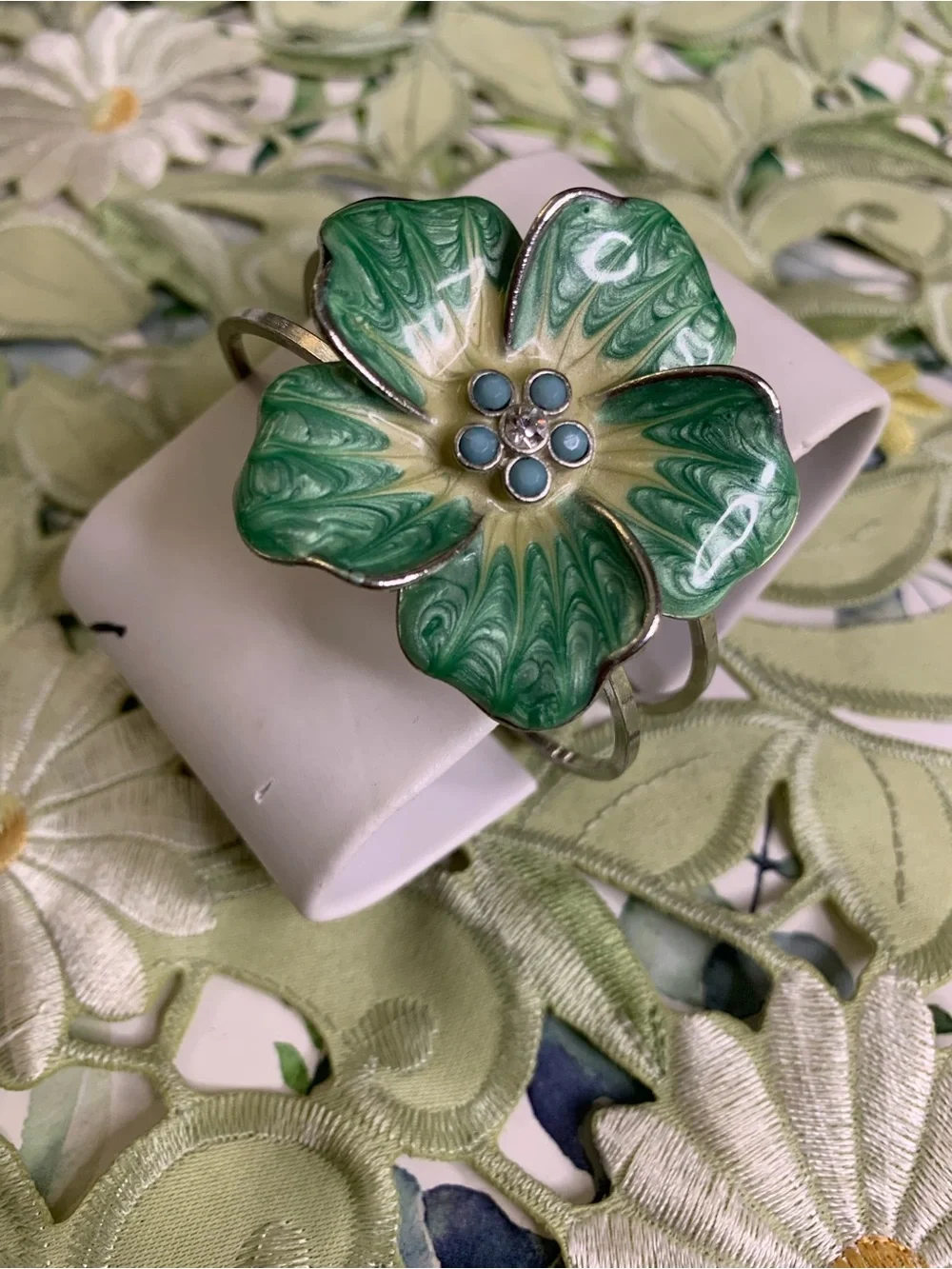 Green Floral Enamel Bracelet with Crystal Accent